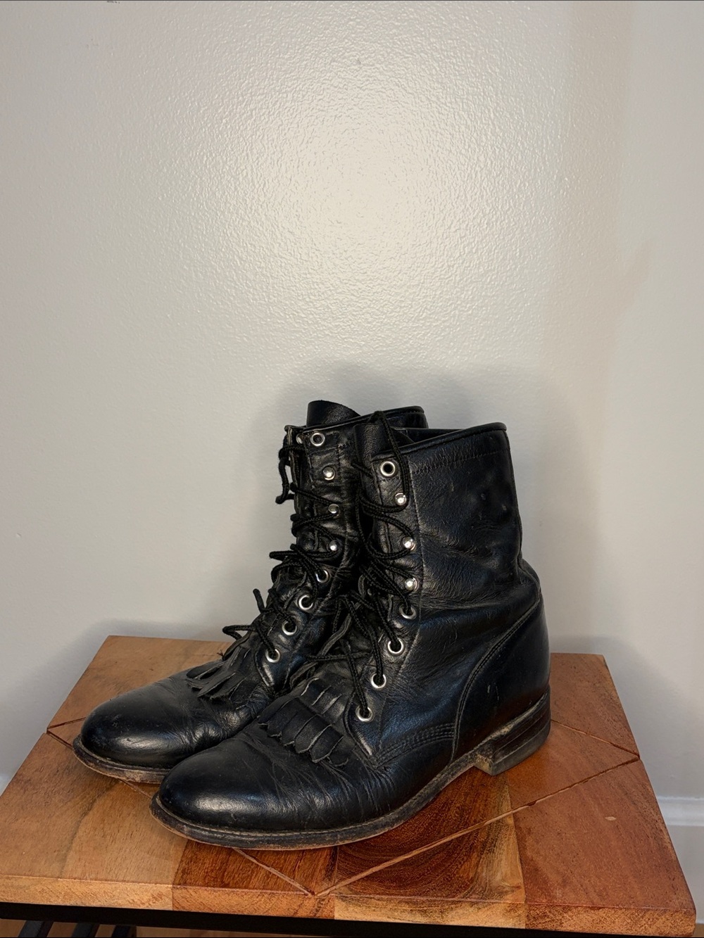 Vintage Black Leather Lace-Up Ankle Boots
